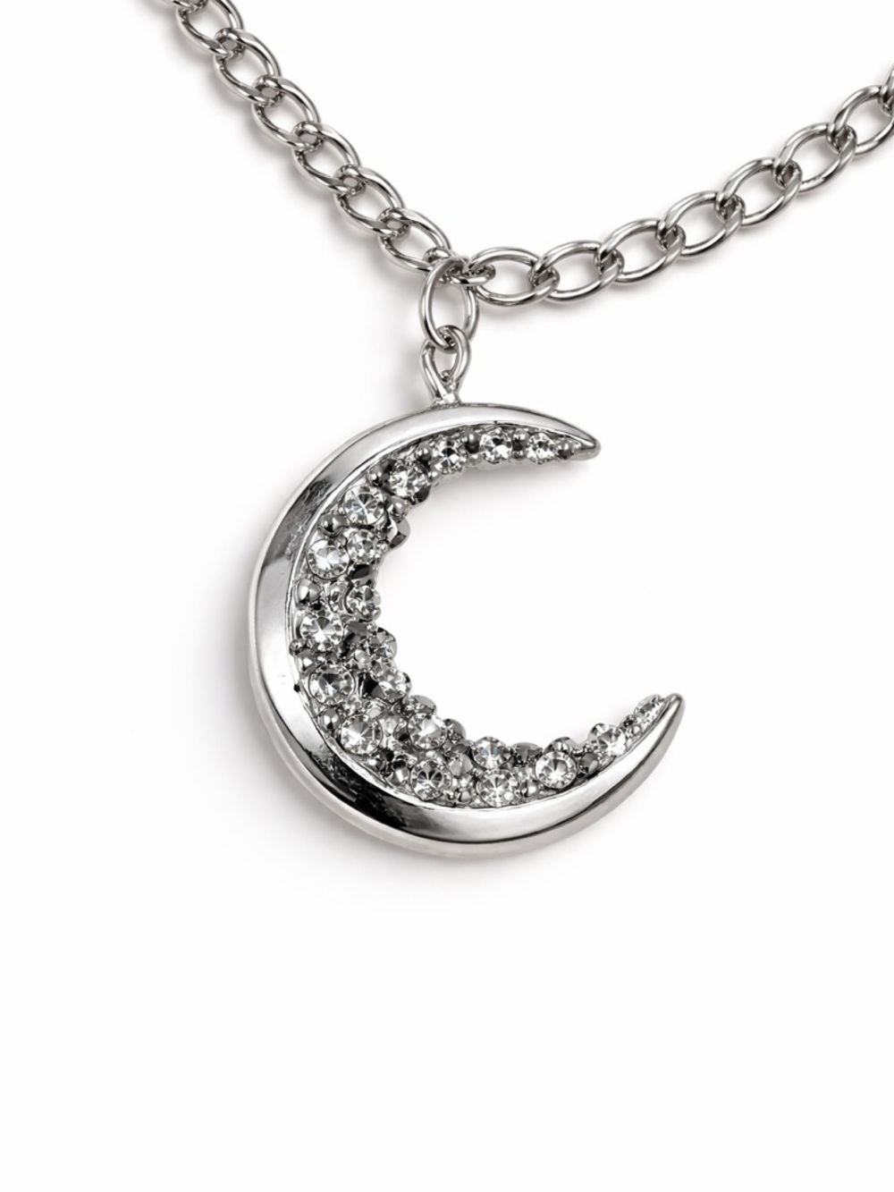 โจ Silver Tone Crescent Moon Rhinestone Pendant Necklace โจ